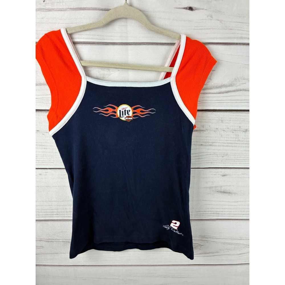 VTG Harley Davidson Miller Lite Rusty Wallace Racing Top Navy Orange Women Large